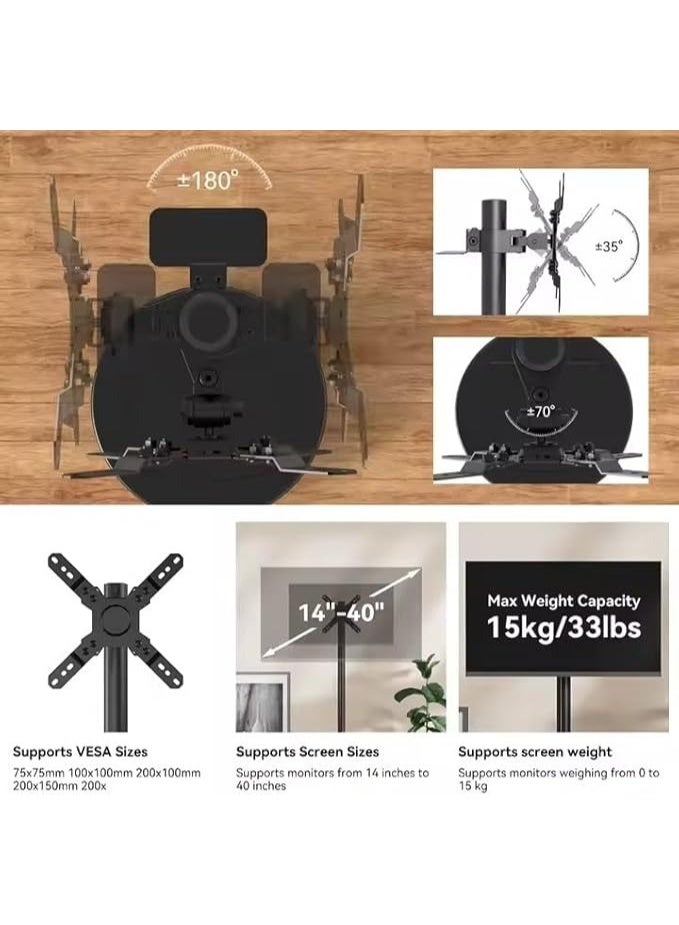 BEETEC Mobile Monitor Stand for 14"–40" Screens, VESA 200x200mm, 12kg Load Capacity, Adjustable Height, Tilt, Swivel & Rotation, with Wheels and Storage Tray, Black | TF-FMS801B - Image 4